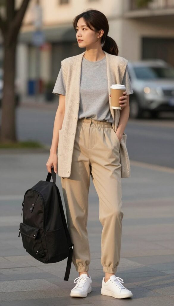 3. Lightweight Duster Vest Over a Simple Tee and Joggers