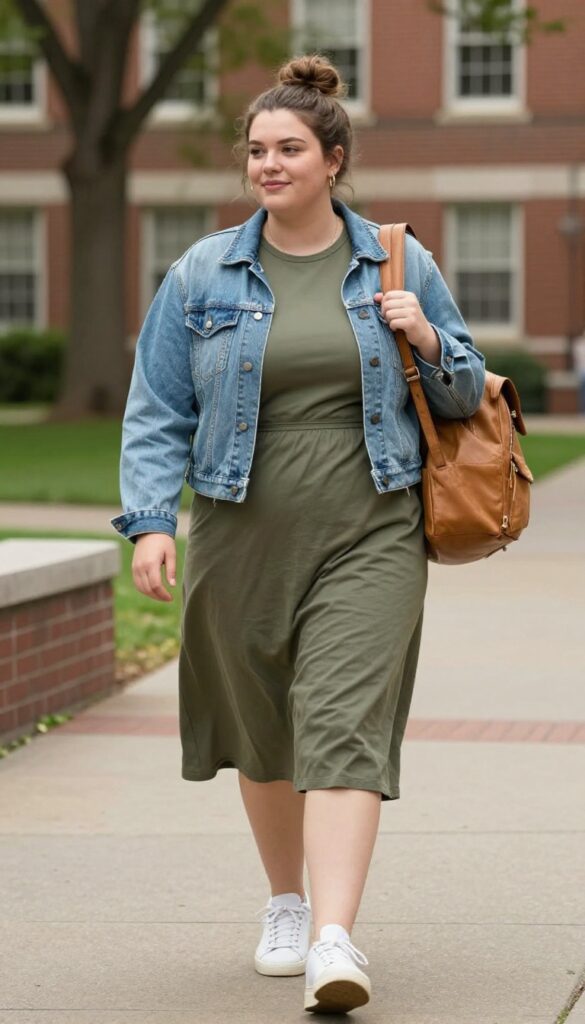 10. Midi Dress + Denim Jacket + White Sneakers