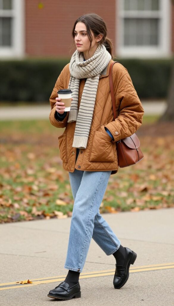 10. Quilted Jacket with Mom Jeans and Loafers