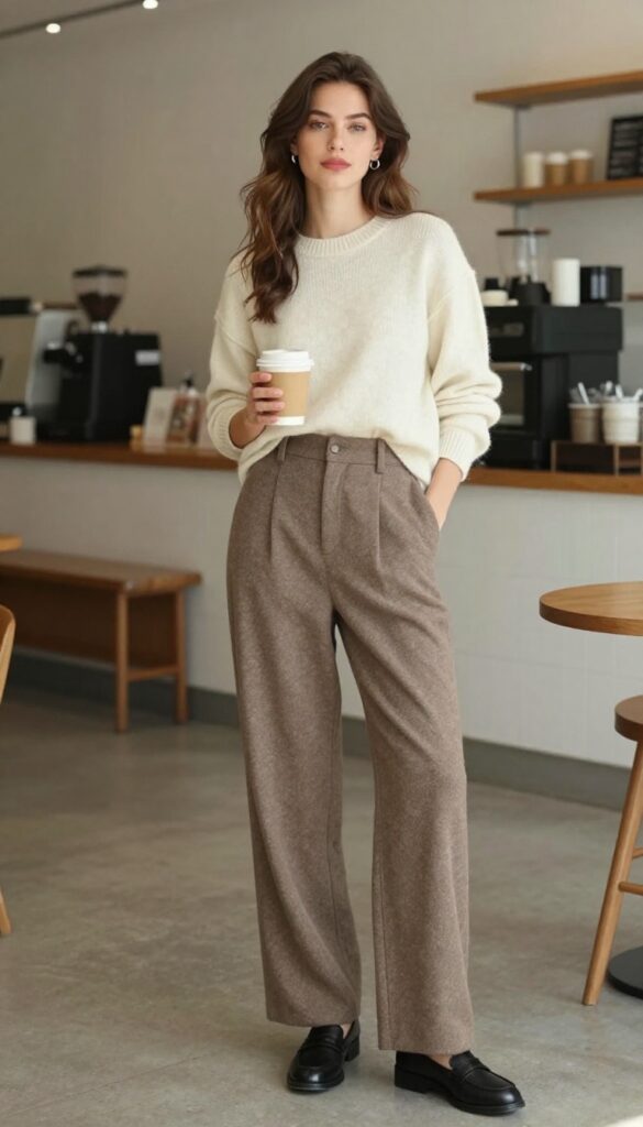 1. Wide-Leg Trousers + Cashmere Sweater + Loafers