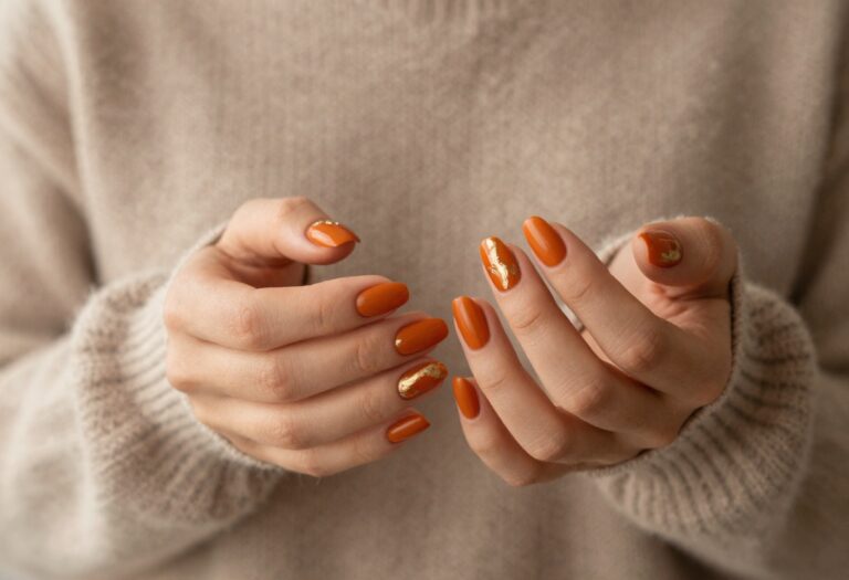 Matte pumpkin nails with gold foil accents on a cozy sweater