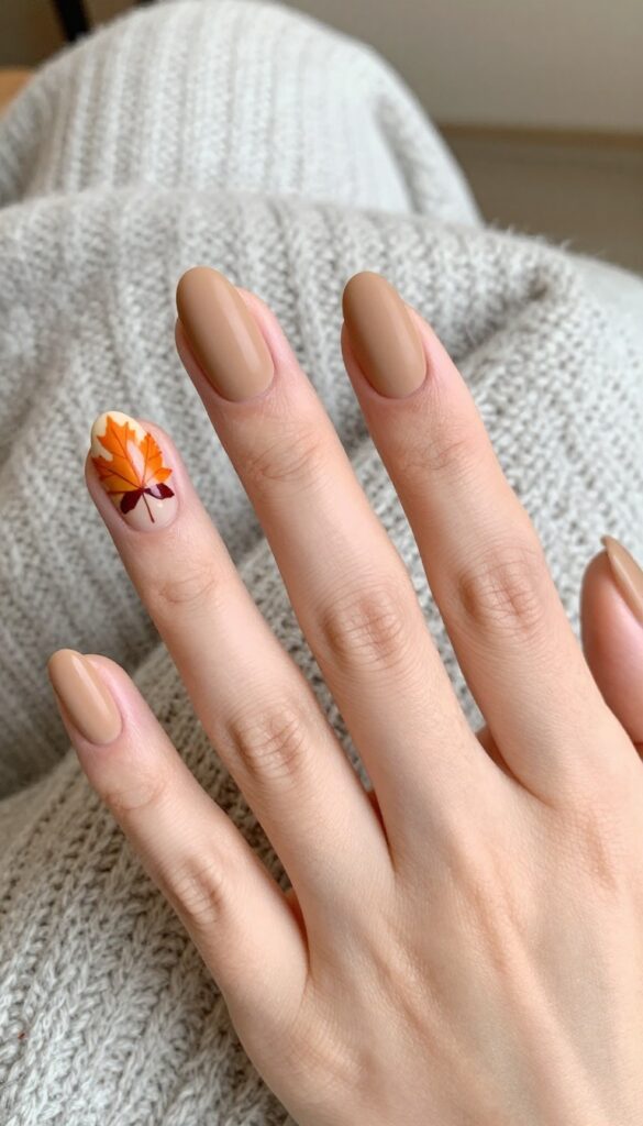 Matte nude almond nails with burnt orange maple leaf accent on ring finger