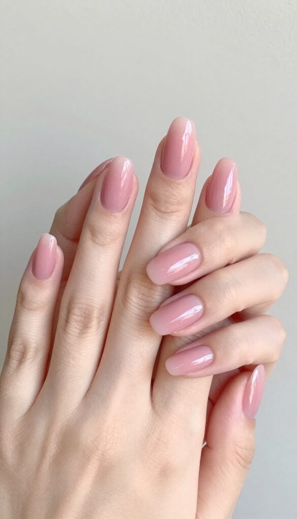Dusty rose to blush pink ombré nails with glossy finish on almond-shaped nails