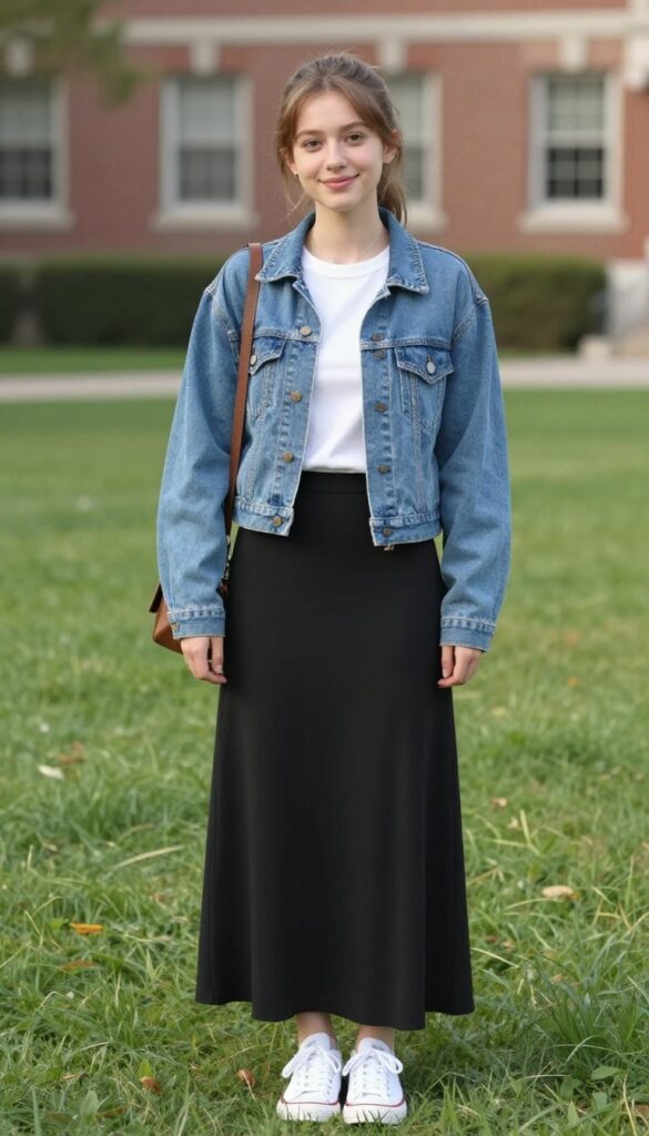6. Denim Jacket over a Maxi Skirt and Tee