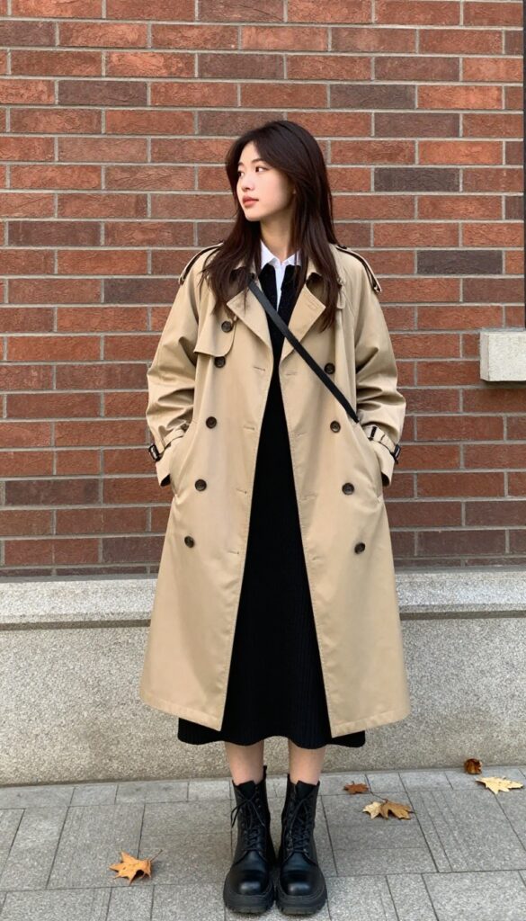9. Trench Coat + Knit Dress + Combat Boots