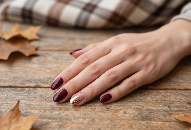 Burgundy nails with gold foil accents on a woman's hand in a fall setting