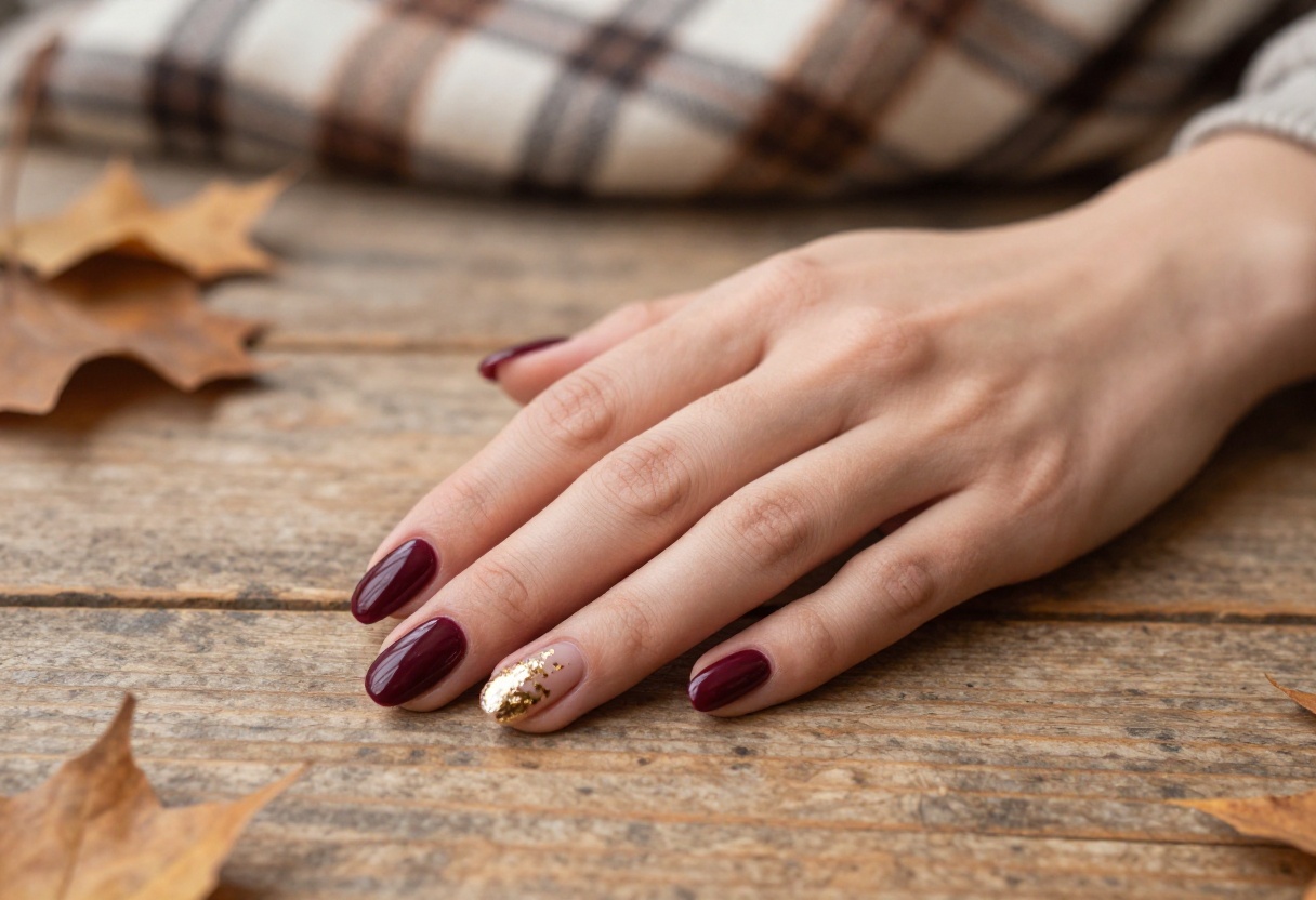 Burgundy nails with gold foil accents on a woman's hand in a fall setting