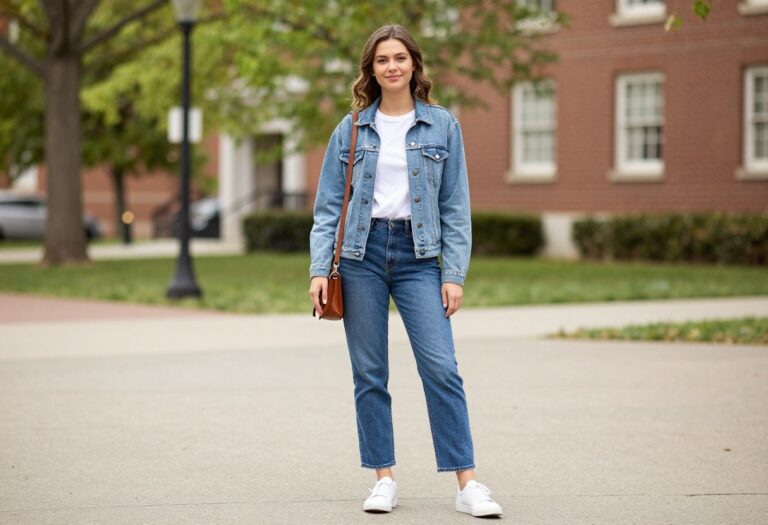 Woman in denim jacket, white tee, straight-leg jeans, and white sneakers on a college campus