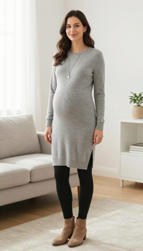 8. Tunic Dress with Leggings and Booties