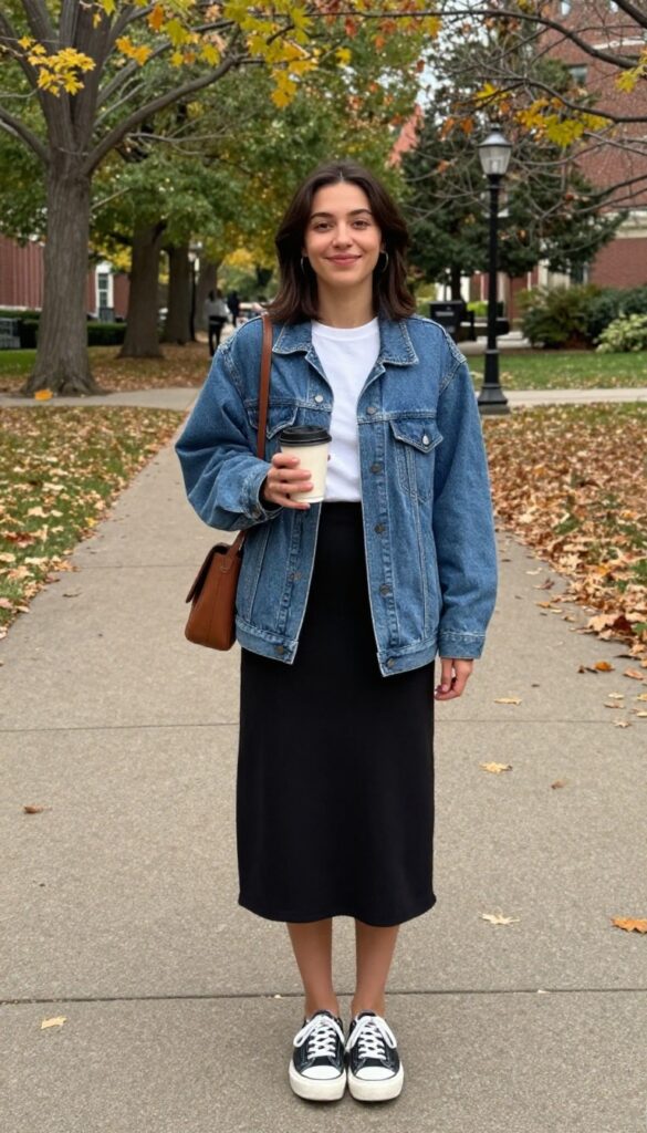 7. Denim Jacket & a Midi Skirt