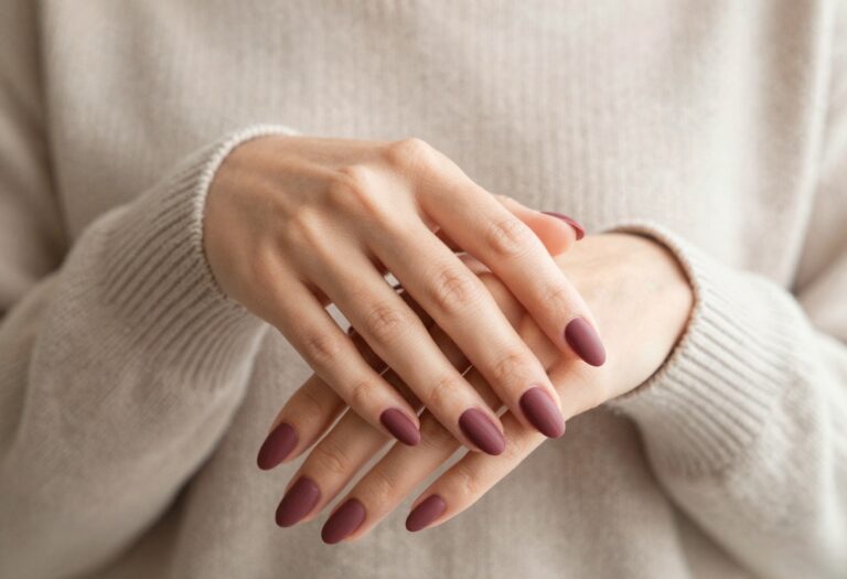 Matte burgundy almond nails with velvet finish on a cozy sweater