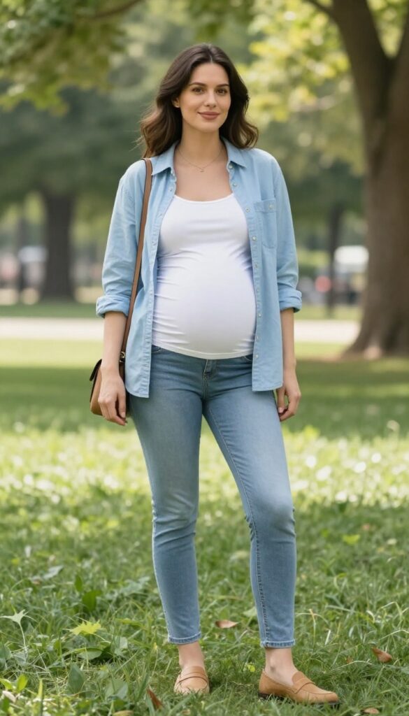 4. Button-Down Shirt Over a Maternity Tank with Skinny Jeans