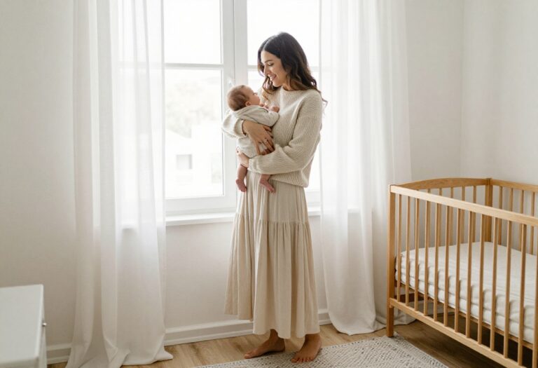 Mom holding newborn baby in cream knit outfit and swaddle, cozy nursery setting