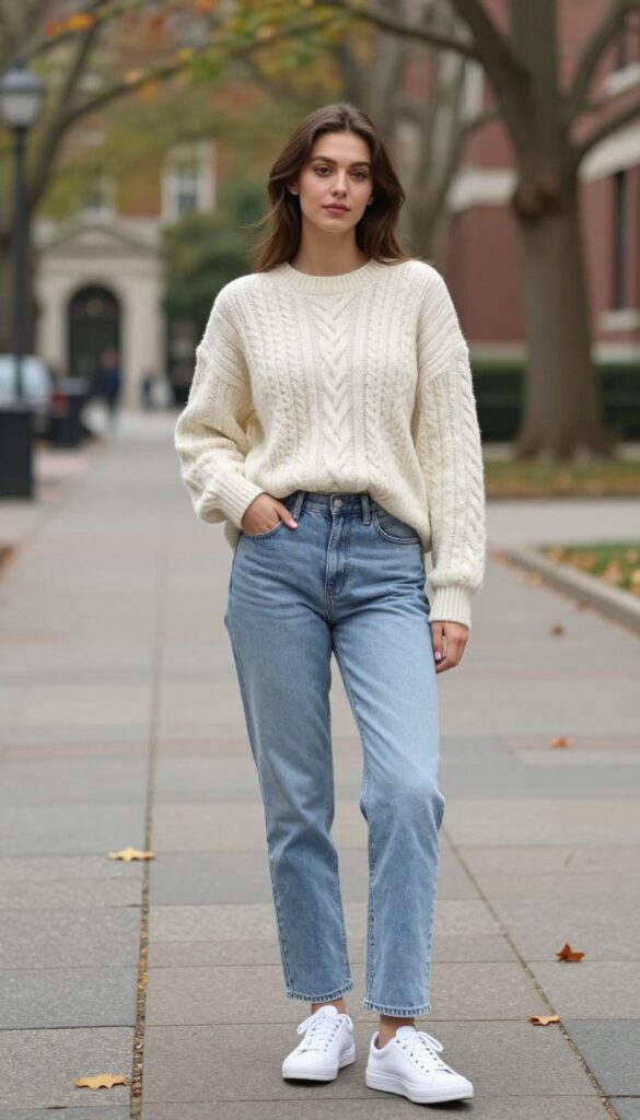 1. Cream Knit Sweater + Light Wash Jeans + White Sneakers
