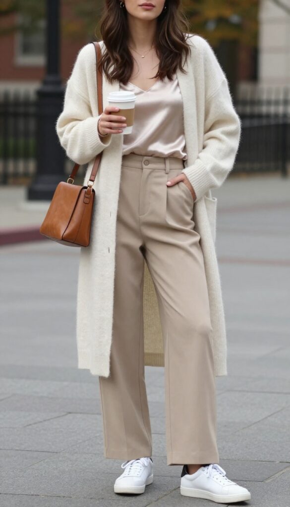 13. Cardigan + Camisole + Wide-Leg Trousers