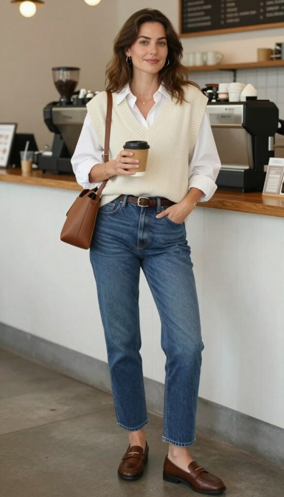 7. Button-Down Shirt Layered Under a Sweater Vest with Cropped Jeans