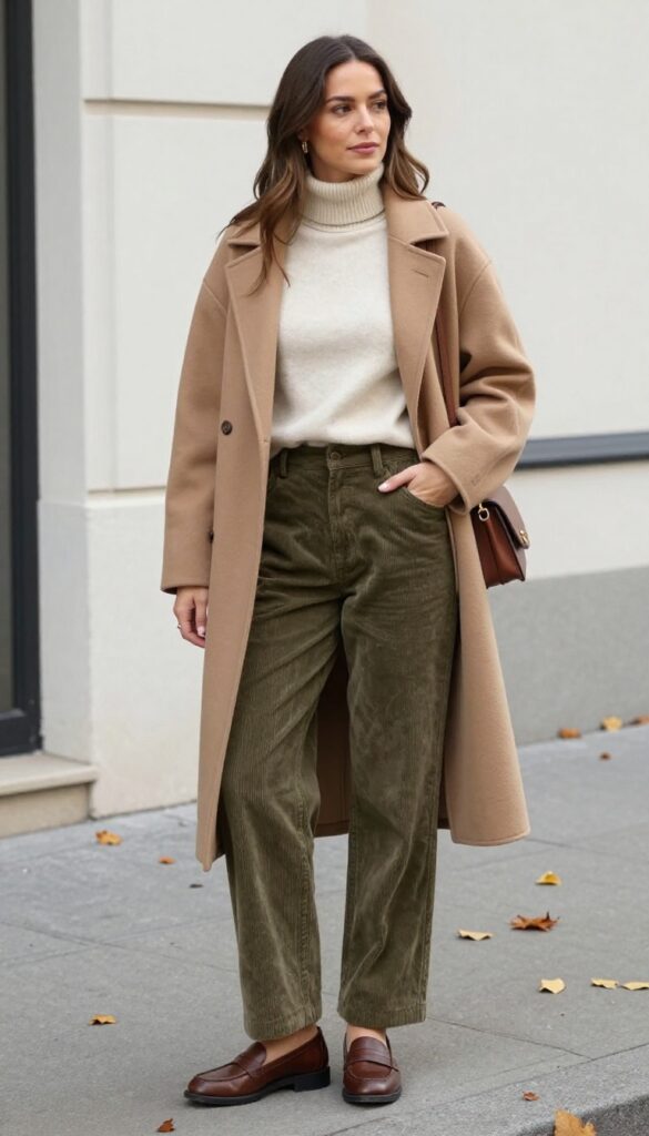 3. Turtleneck Sweater + Corduroy Pants + Loafers
