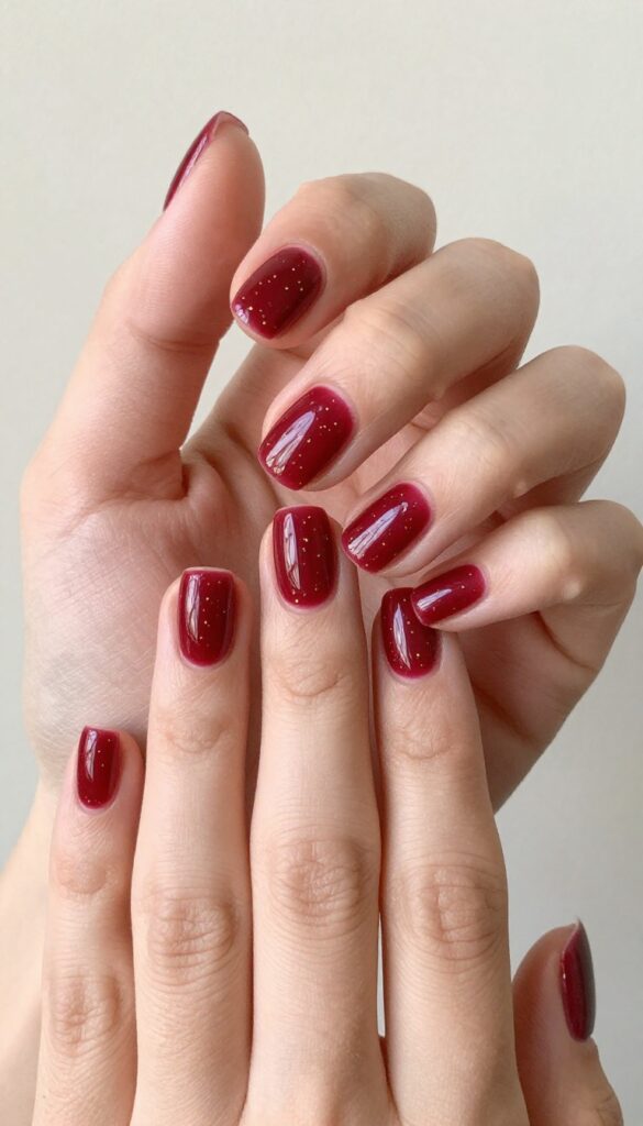 Short square cranberry red nails with gold speckles