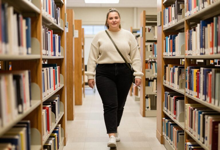 Plus size woman in cream sweater and black jeans on campus