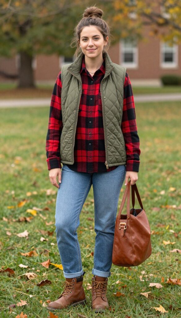 6. Quilted Vest + Flannel + Mom Jeans + Hiking Boots