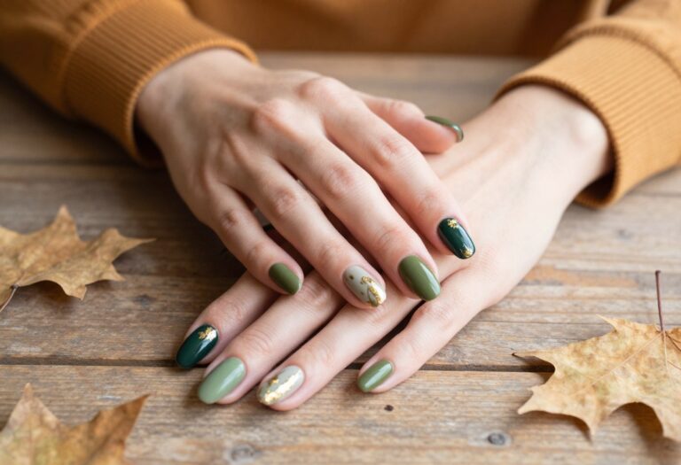Green fall nail ideas with earthy autumn manicure designs in olive, hunter, and sage green with gold accents