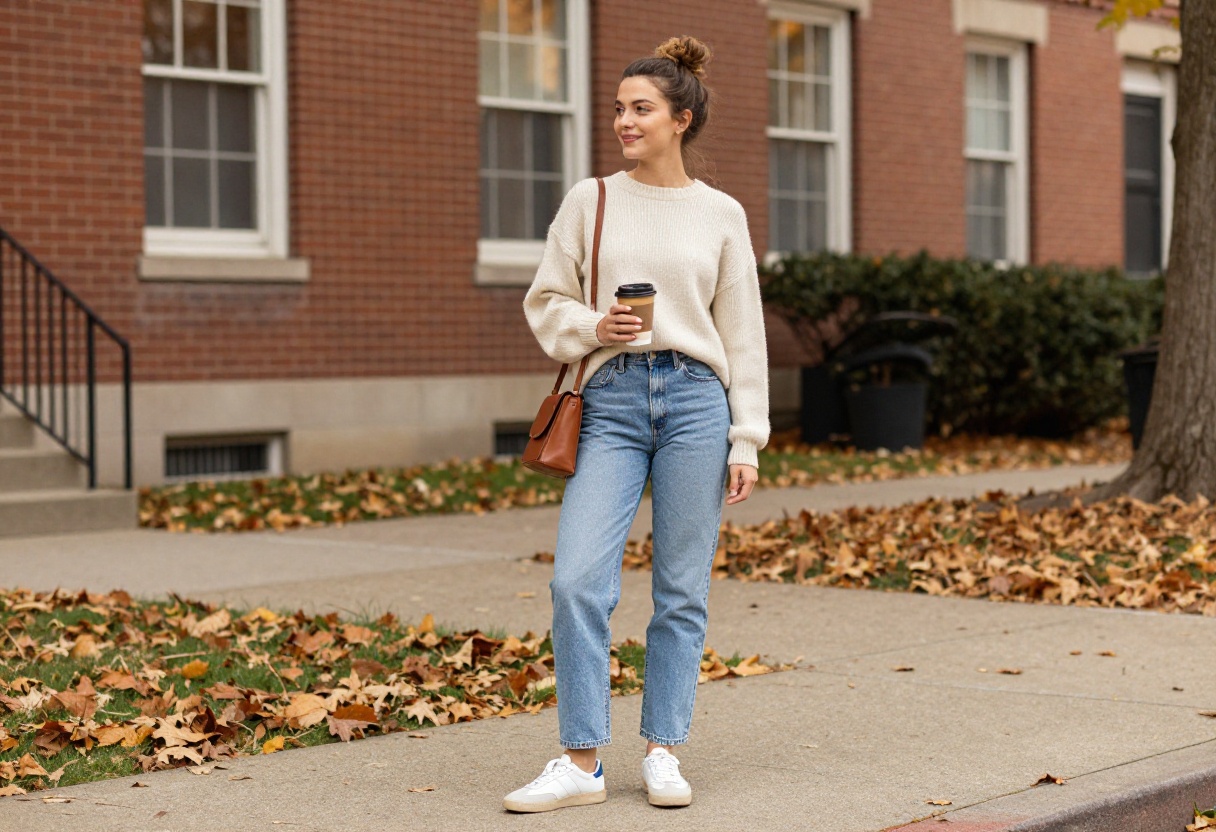 Young woman in oversized sweater and jeans on college campus