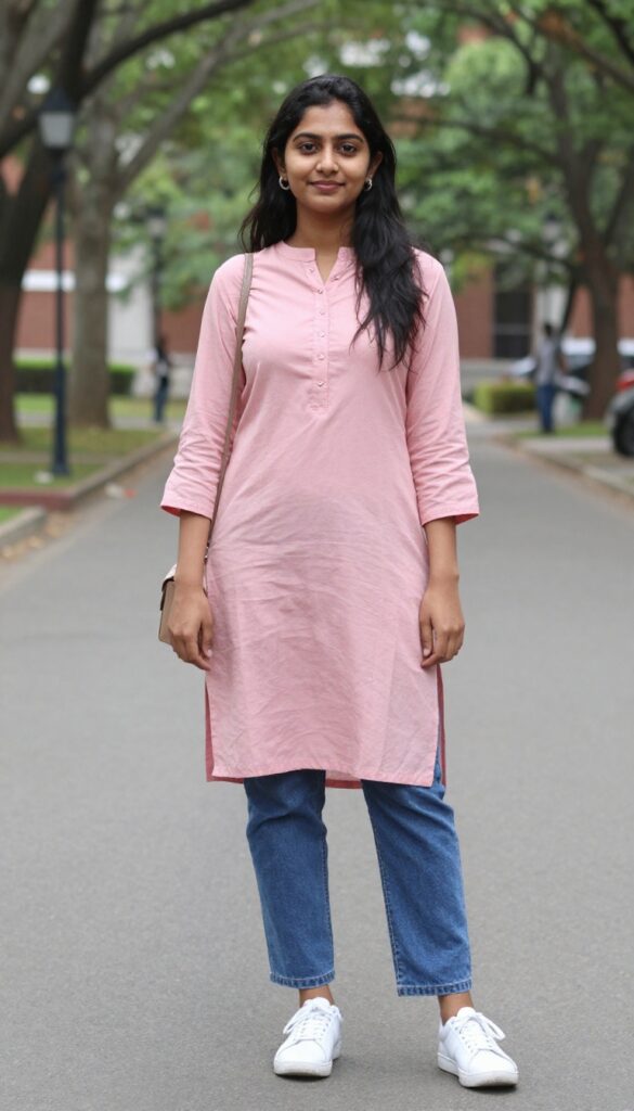 1. Cotton Kurti with Straight Leg Jeans