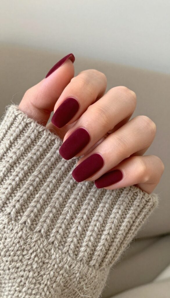 Burgundy velvet matte coffin nails on a hand resting on a knit sweater