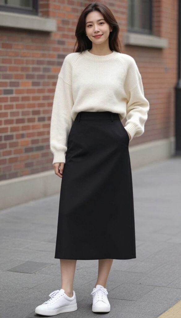 8. Cropped Sweater + High-Waisted A-Line Skirt + Sneakers