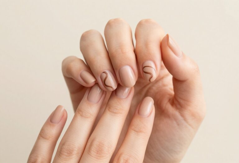 Minimal nail art for short nails with matte nude base and chocolate swirls