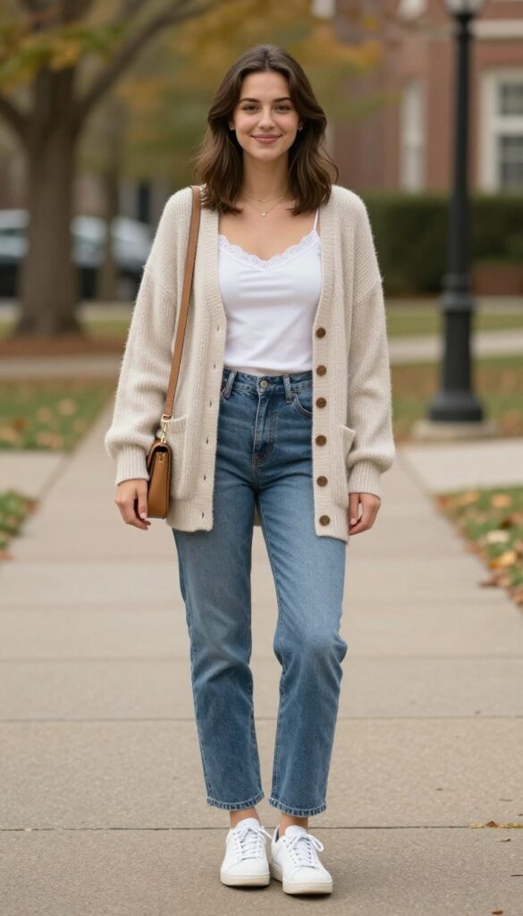 9. Lace-Trim Cami with Cardigan and Straight-Leg Jeans