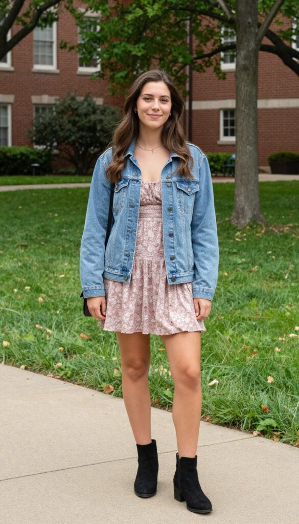 5. Denim Jacket + Floral Dress + Ankle Boots