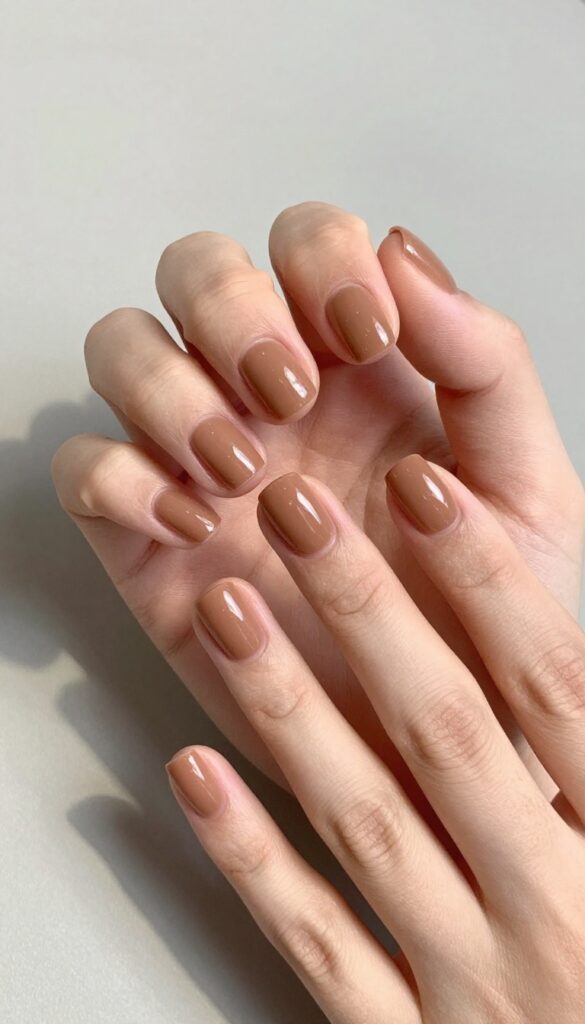 Toasted almond gloss nails with high-shine gel finish on short rounded square nails