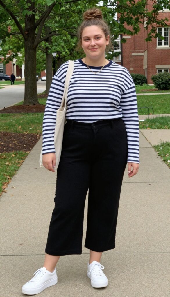 3. Striped Long-Sleeve Tee + Wide-Leg Cropped Pants + Platform Sneakers