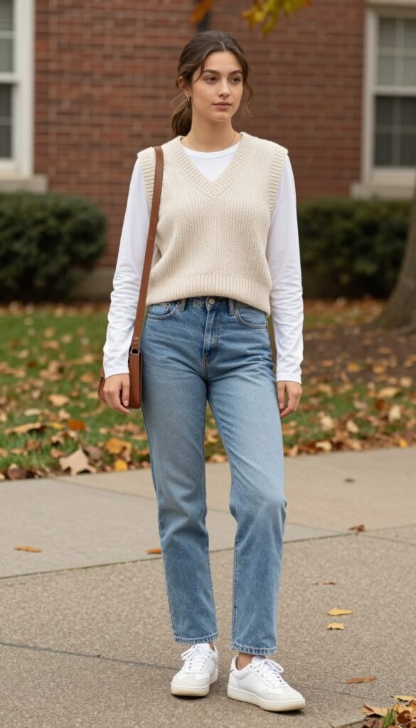 11. Knit Vest over a Long-Sleeve Tee with Straight-Leg Jeans