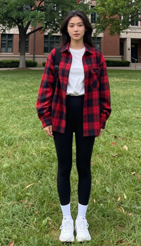 11. Flannel Shirt + Bike Shorts + Chunky Sneakers