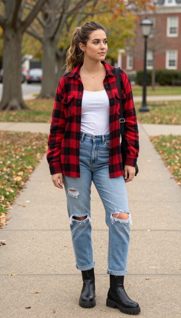 11. Flannel Shirt Over a Tank Top with Ripped Jeans and Combat Boots