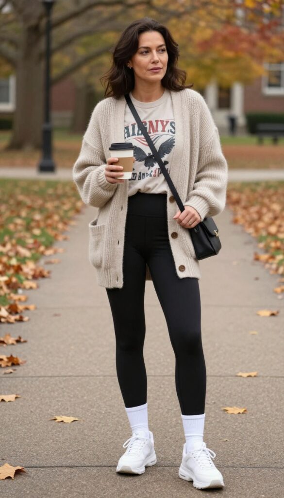 5. Chunky Cardigan with a Graphic Tee and Biker Shorts