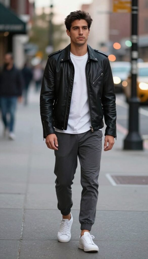15. The Leather Jacket with Grey Joggers