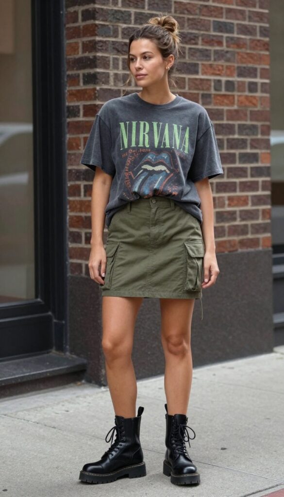 2. Vintage Band Tee + Cargo Skirt + Combat Boots
