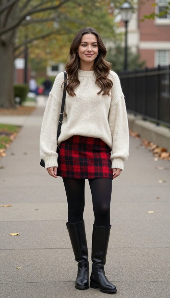 1. Oversized Knit Sweater with Mini Skirt and Knee-High Boots