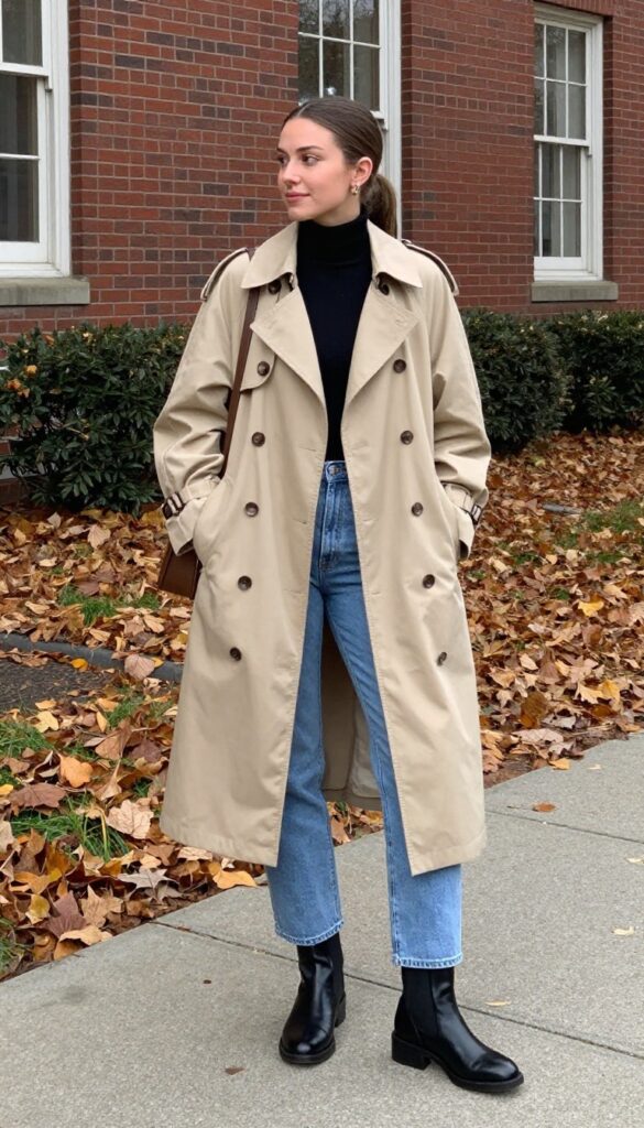 14. Trench Coat over a Turtleneck with Jeans and Ankle Boots