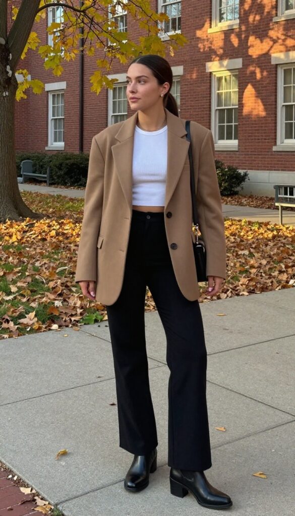 9. Oversized Blazer + Cropped Top + Wide-Leg Trousers