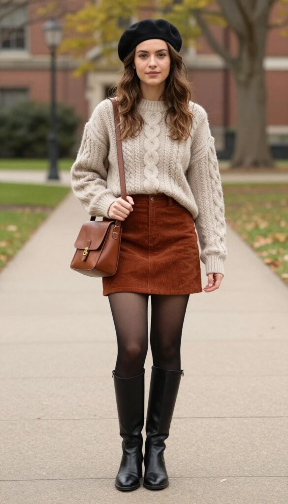 11. Cable-Knit Sweater with Corduroy Skirt and Knee-High Boots