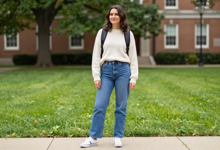 Young woman in casual school outfit with jeans, sweater, and sneakers on campus
