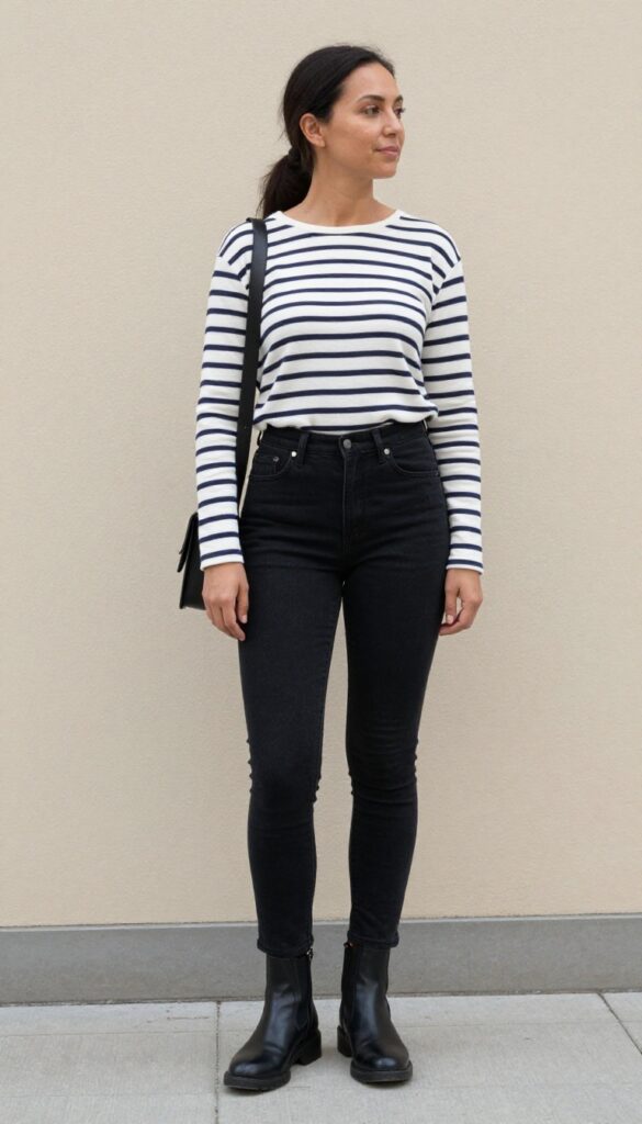 7. Long-Sleeve Striped Top with Black Jeans and Ankle Boots