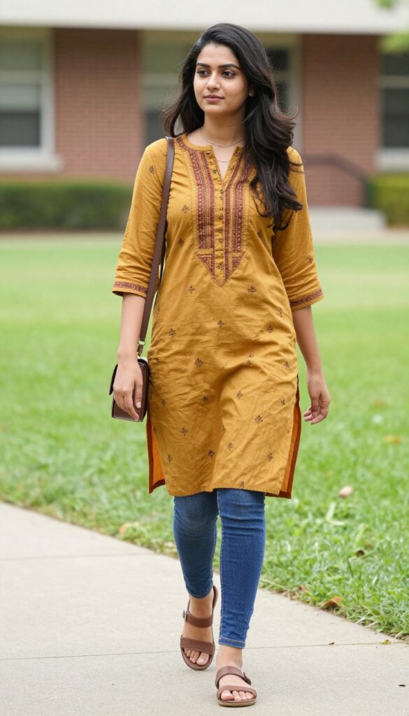 1. Cotton Kurti with Jeans and Kolhapuri Sandals