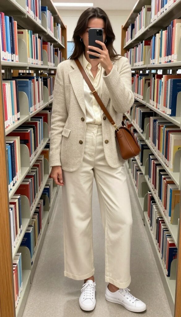 9. Knit Blazer + Silk Shell + Wide-Leg Trousers