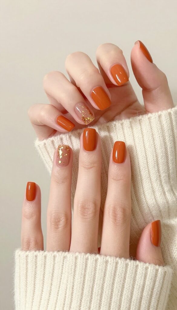 Burnt orange nails with gold flake accents on a woman's hand resting on a cream sweater.