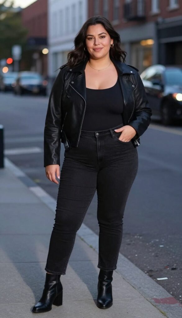 10. Leather Jacket + Bodysuit + High-Waisted Jeans + Heeled Boots